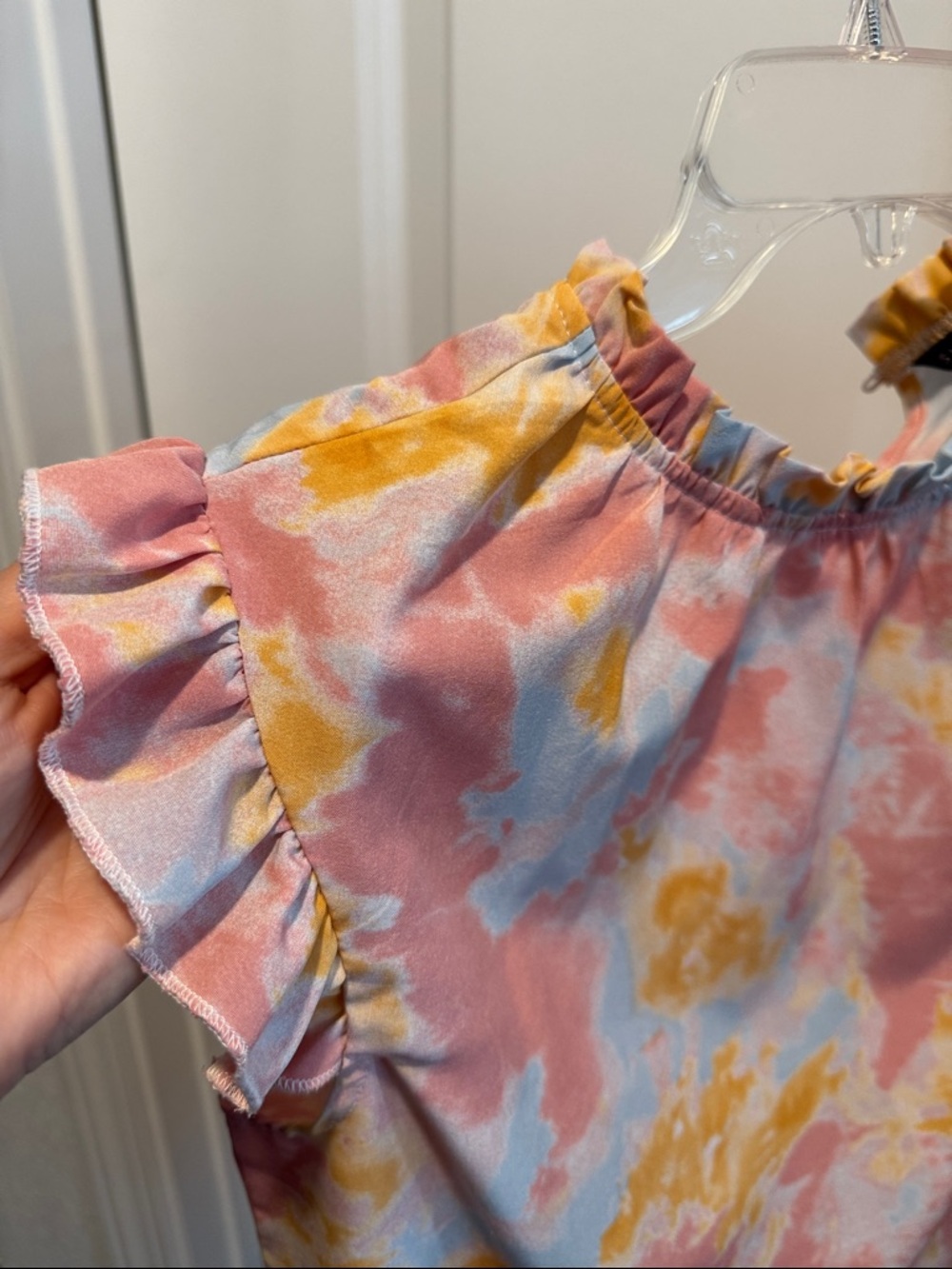 Woman’s Pink Orange Blue Spring Tie-Dye Ruffle Short Sleeve Top - Picture 4 of 9